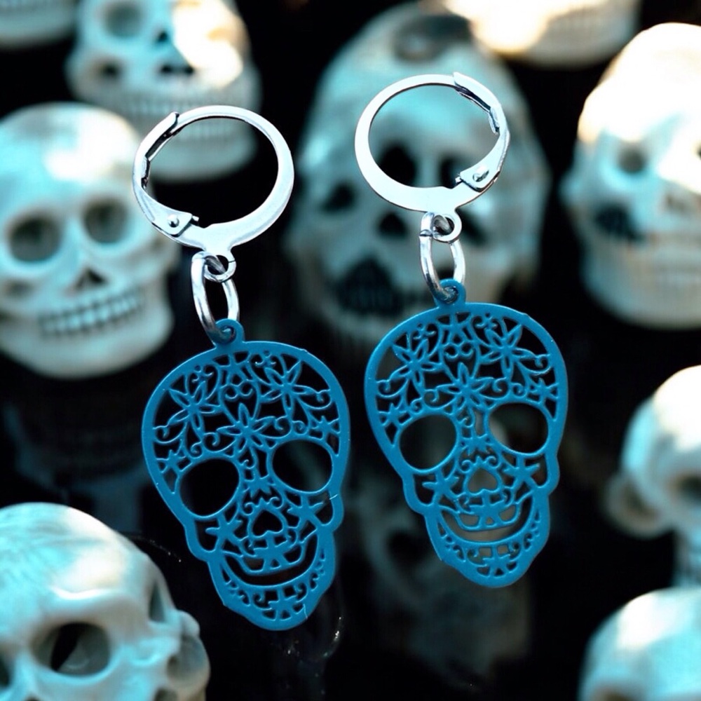 🆕 Sugar Skull Painted Thin Filigree Earrings Stainless Steel